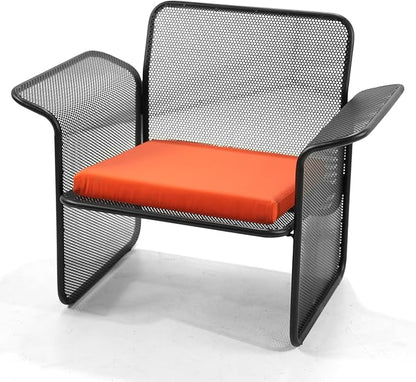 LOKKHAN Modern Outdoor Loveseat Mesh Bench Black Metal Frame with Orange Water-Resistant Cushion, 27.6H x 24.6W x 23.9D Inches, Contemporary Minimalist Patio Lounge Chair, Single Seat
