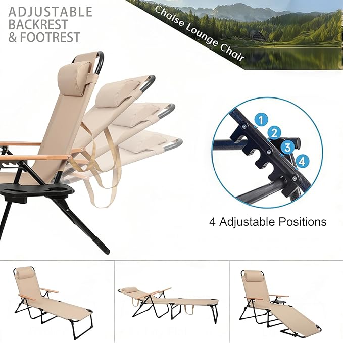 Foldable Chaise Lounge Chair Outdoor, 4-Position Reclining Outdoor Lounge Chairs with Wooden Armrest - Photo 5