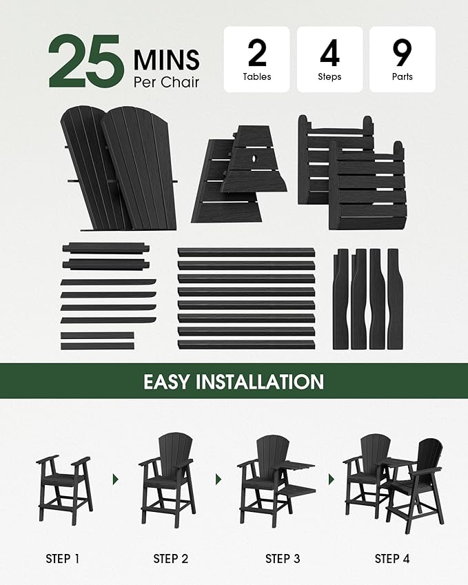 Tall Adirondack Chairs Set of 4, HDPE High Adirondack Chairs with Double Removable Trays, All Weather Outdoor Barstools for Patio, Balcony, Backyard, Deck and Garden, Black