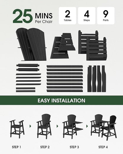 Tall Adirondack Chairs Set of 4, HDPE High Adirondack Chairs with Double Removable Trays, All Weather Outdoor Barstools for Patio, Balcony, Backyard, Deck and Garden, Black