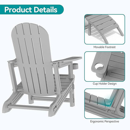 Vongrasig Adirondack Chairs Set of 2 with Removable Tabletop and Footrest, All-Weather HDPE Outdoor Chair Set with Wooden Textured, Cup Holder for Patio, Poolside, Deck, Garden, Light Grey