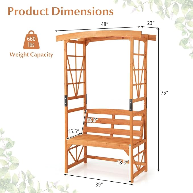 6.25ft Garden Arbor with Bench, Wooden Arch w/Side Trellis for Climbing Plants & Vines, 2-Person Outdoor Seating, Country Botanicals Decoration for Backyard, Deck, Patio