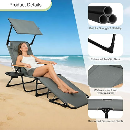 Tanning Chairs for Outside with Canopy, Folding Lounge Chairs, Tanning Chair with 4 Adjustable Backrest & Cup Holders & Pillow,Holds 330 Lb, Outdoor Garden Pool