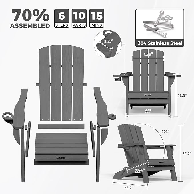 Folding Adirondack Chair with Wood Texture, HDPE All-Weather Fire Pit Chairs, Plastic Adirondack Chairs with 2 Cup Holder, Outdoor Lawn Chair for Patio Garden (Grey)