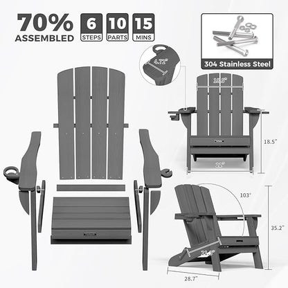 Folding Adirondack Chair with Wood Texture, HDPE All-Weather Fire Pit Chairs, Plastic Adirondack Chairs with 2 Cup Holder, Outdoor Lawn Chair for Patio Garden (Grey)