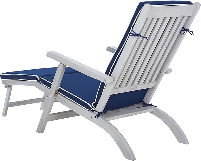 SAFAVIEH Outdoor Collection Palmdale Grey Solid Wood/Navy Cushion Chaise Lounge Chair (PAT7015B)