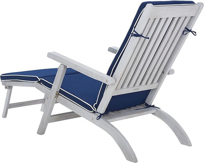 SAFAVIEH Outdoor Collection Palmdale Grey Solid Wood/Navy Cushion Chaise Lounge Chair (PAT7015B)
