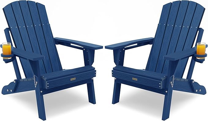 Adirondack Chair with Cup Holder: Adirondack Chairs set of 2 Plastic HDPE Material Furniture - Composite Fire Pit Chairs Foldable for Outdoor/Backyard/Garden/Lawn/Deck/Porch/Patio