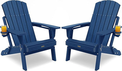 Adirondack Chair with Cup Holder: Adirondack Chairs set of 2 Plastic HDPE Material Furniture - Composite Fire Pit Chairs Foldable for Outdoor/Backyard/Garden/Lawn/Deck/Porch/Patio