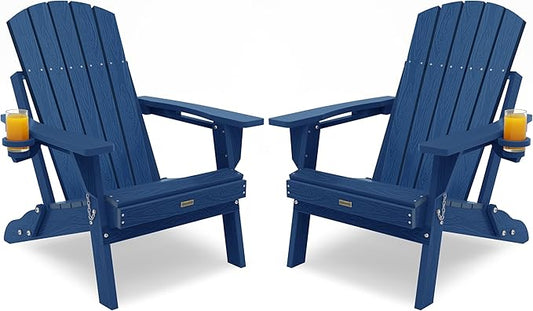 Adirondack Chair with Cup Holder: Adirondack Chairs set of 2 Plastic HDPE Material Furniture - Composite Fire Pit Chairs Foldable for Outdoor/Backyard/Garden/Lawn/Deck/Porch/Patio