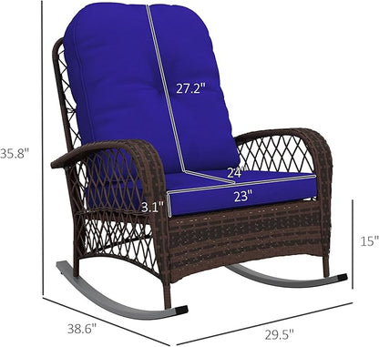 Outsunny Outdoor Wicker Rocking Chair with Wide Seat, Thickened Cushion, Rattan Rocker with Steel Frame for Patio, Garden, Backyard, Dark Blue