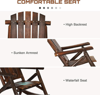 HOMEDIARY Wooden Adirondack Rocking Chair, Patio Log Rocker Outdoor Lounge Chair with Slatted Wooden Design, High Fanned Back & Classic Rustic Style for Garden Patio Backyard (Set of 2, Carbonized)