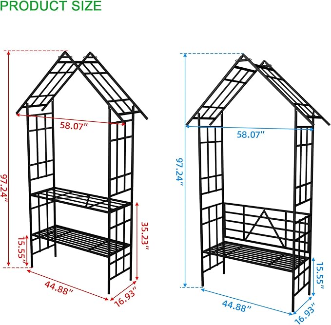 Convertible Metal Garden Bench & Trellis 58" W, Outdoor Seating with Plant Stand, Steel Arbor for Roses, Ivy, Jasmine