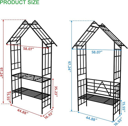 Convertible Metal Garden Bench & Trellis 58" W, Outdoor Seating with Plant Stand, Steel Arbor for Roses, Ivy, Jasmine