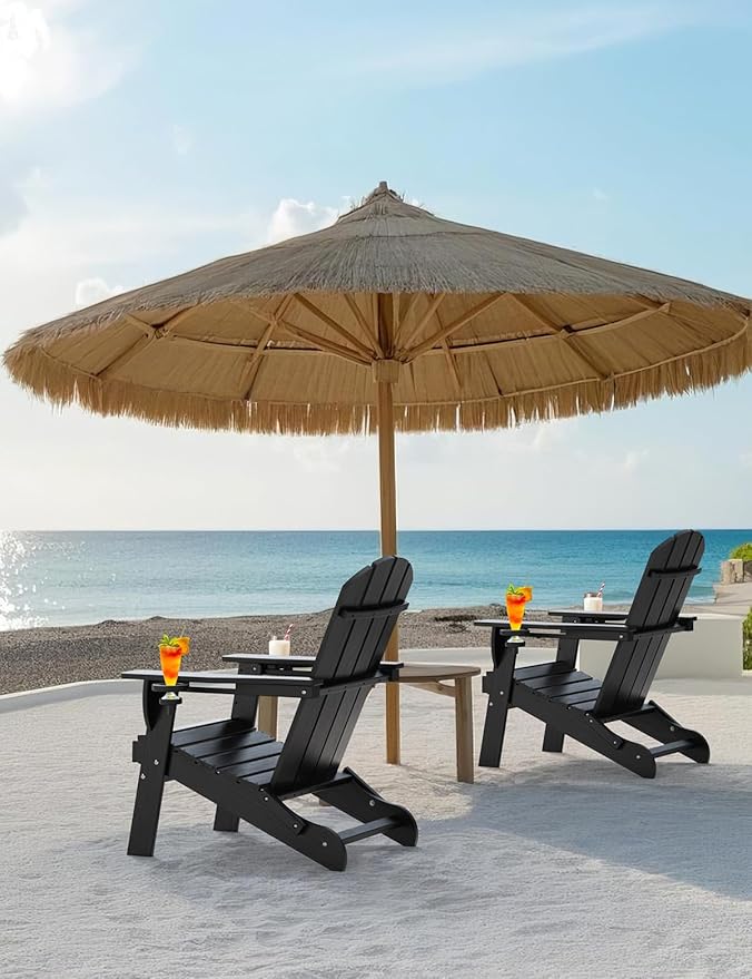 Folding Adirondack Chair Set of 6, Wooden Textured Plastic Adirondack Chairs with 2 Cup Holder, Weather Resistant HDPE Fire Pit Chair, Outdoor Patio Chairs for Garden, Backyard, Lawn, Deck, Black