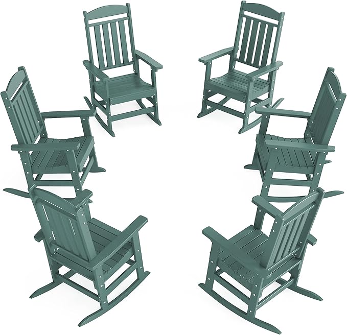 Outdoor Rocking Chairs Set of 6, Oversized High Back Patio Rocking Chairs, All Weather Porch Rocking Chairs for Outside. Dark Green