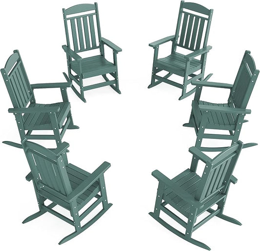 Outdoor Rocking Chairs Set of 6, Oversized High Back Patio Rocking Chairs, All Weather Porch Rocking Chairs for Outside. Dark Green