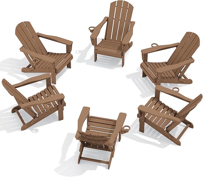 SERWALL Folding Adirondack Chair Set of 6, Reclining Adirondack Chair with 3 Recline Positions, All Weather HDPE Outdoor Adirondack, Brown