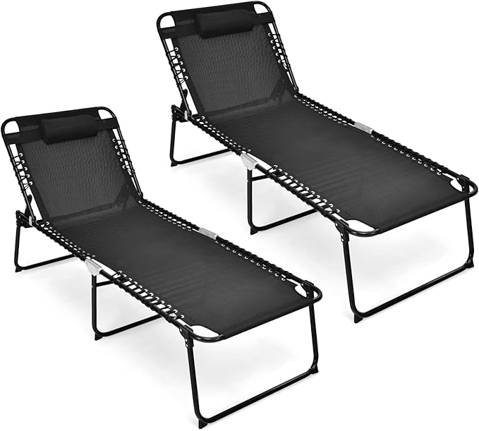 Tangkula Widen Folding Chaise Lounge Chair Set of 2, Portable Camping Recline Chair w/4 Backrest Positions, 2 Leg Positions, Sunbathing Beach Chair for Outdoor, Lawn, Patio, Support 400lbs (2, Black)