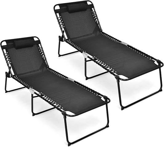 Tangkula Widen Folding Chaise Lounge Chair Set of 2, Portable Camping Recline Chair w/4 Backrest Positions, 2 Leg Positions, Sunbathing Beach Chair for Outdoor, Lawn, Patio, Support 400lbs (2, Black)