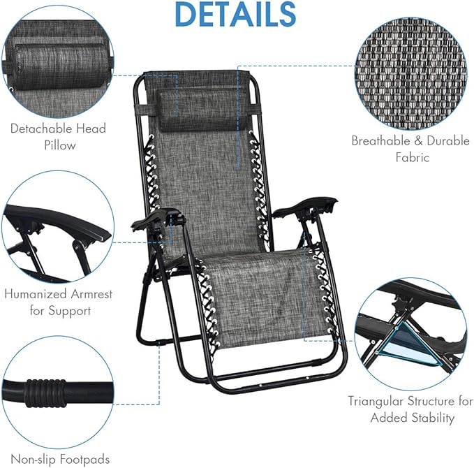 Giantex 3 PCS Zero Gravity Chair Patio Chaise Lounge Chairs Outdoor Yard Pool Recliner Folding Lounge Table Chair Set - Photo 2