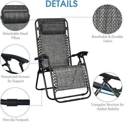 Giantex 3 PCS Zero Gravity Chair Patio Chaise Lounge Chairs Outdoor Yard Pool Recliner Folding Lounge Table Chair Set (Gray)