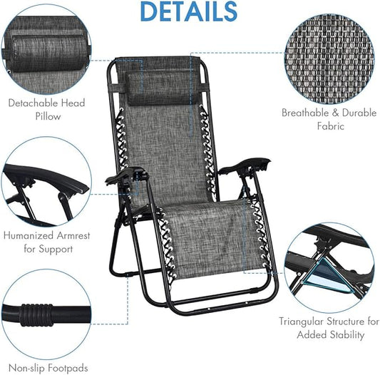 Giantex 3 PCS Zero Gravity Chair Patio Chaise Lounge Chairs Outdoor Yard Pool Recliner Folding Lounge Table Chair Set (Gray)