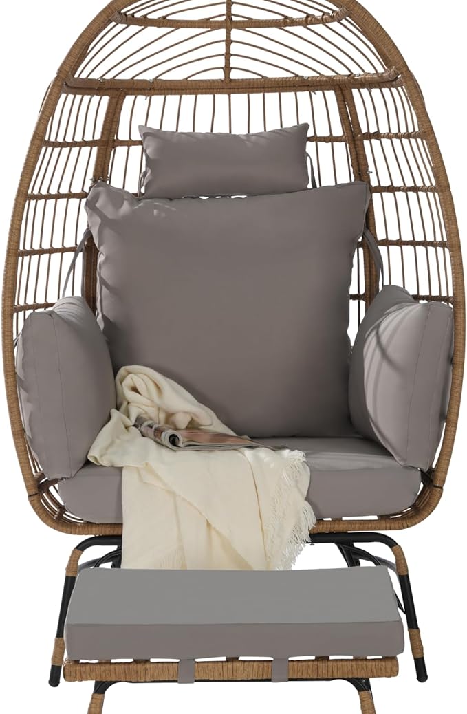 Oversized Wicker Egg Chair with Ottoman, Rattan Patio Egg Chair with Stand and Thick Cushions, Indoor Outdoor Lounge Chair for Backyard, Balcony, Living Room, Light Gray ＋Ottoman