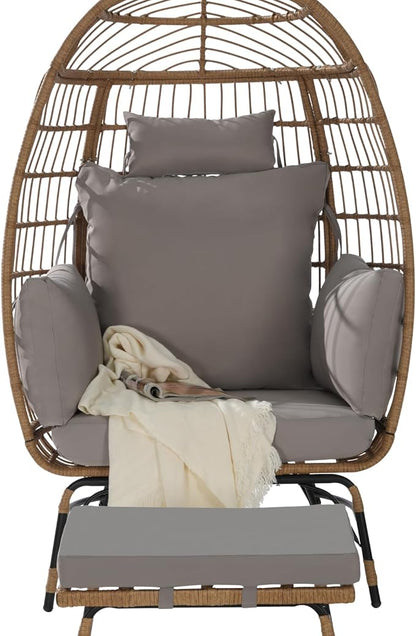Oversized Wicker Egg Chair with Ottoman, Rattan Patio Egg Chair with Stand and Thick Cushions, Indoor Outdoor Lounge Chair for Backyard, Balcony, Living Room, Light Gray ＋Ottoman