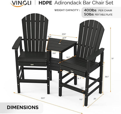 VINGLI Tall Adirondack Chairs Set of 2 with Dual Trays, All-Weather HDPE Outdoor BarStools Poly Deck Chairs for Patio, Poolside and Balcony (Black)