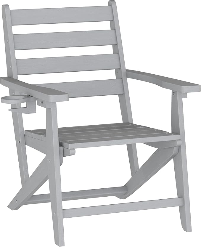 Flash Furniture Tolleson Adirondack Dining Chair with Cup Holder, Commercial Weather Resistant Recycled HDPE Adirondack Chair, Fold Out Cupholder, Gray