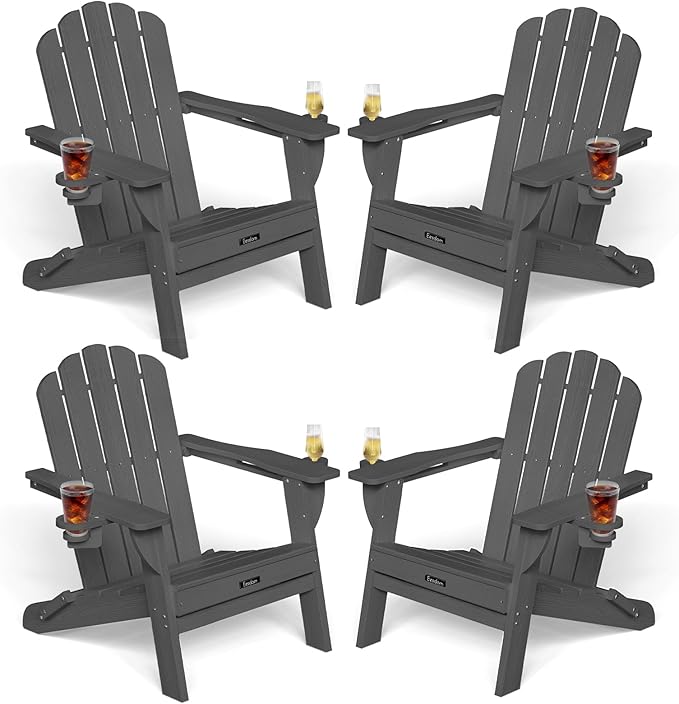 Adirondack Chairs Set of 4, Foldable Adirondack Chairs with 2 Cup Holder, Wood Texture HDPE Fire Pit Chairs - Photo 3
