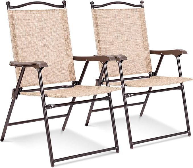 Giantex Set of 2 Patio Folding Chairs, Outdoor Patio Dining Chairs w/Armrest, Sling Back, Metal Frame - Photo 1
