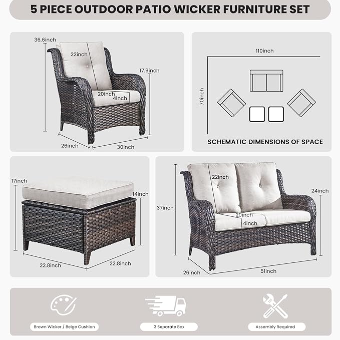 Belord Outdoor Wicker Furniture 5 Pieces Patio Furniture Set Patio Wicker Chairs with Ottomans Conversation Set for - Photo 2