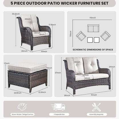 Belord Outdoor Wicker Furniture 5 Pieces Patio Furniture Set Patio Wicker Chairs with Ottomans Conversation Set for Porch Garden Deck Balcony Poolside