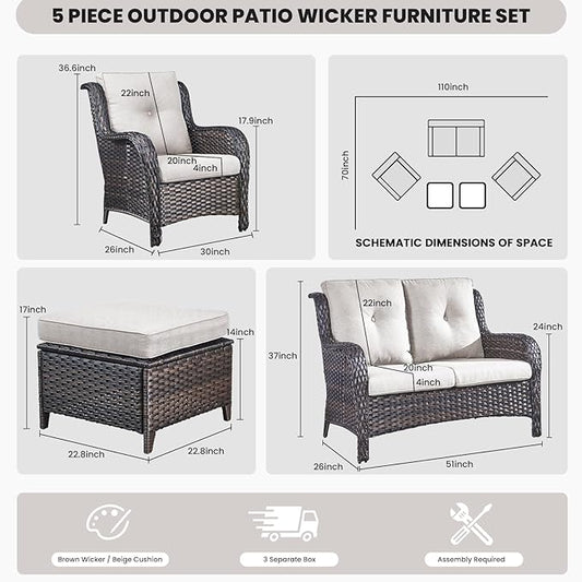 Belord Outdoor Wicker Furniture 5 Pieces Patio Furniture Set Patio Wicker Chairs with Ottomans Conversation Set for Porch Garden Deck Balcony Poolside