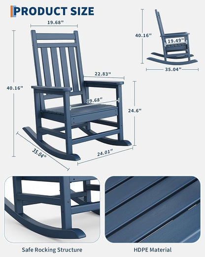 GarveeHome Adirondack Outdoor Rocking Chair, All Weather HDPE Plastic Patio Rocker Chair with Wide Armrests, Classic Fire Pit Chair for Porch, Deck, Lawn, Garde, 380LBs, Easy to Install, Navy Blue