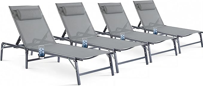 Foldable Outdoor Lounge Chairs Set of 4, No Assembly Chaise Lounge Outdoor with Cup Holder and 6 Adjustable Positions - Photo 1