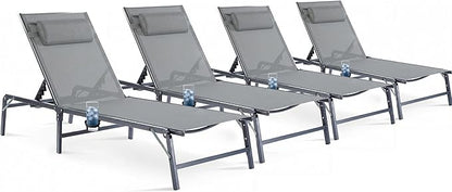 Foldable Outdoor Lounge Chairs Set of 4, No Assembly Chaise Lounge Outdoor with Cup Holder and 6 Adjustable Positions, Patio Lounge Chair with Detachable Pillow for Outside Poolside Beach Pool, Grey