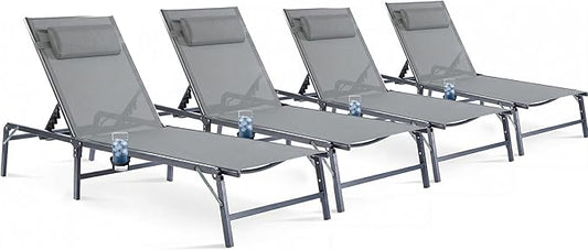Foldable Outdoor Lounge Chairs Set of 4, No Assembly Chaise Lounge Outdoor with Cup Holder and 6 Adjustable Positions, Patio Lounge Chair with Detachable Pillow for Outside Poolside Beach Pool, Grey