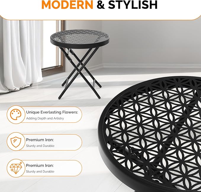 VINGLI Patio Folding Side Table, Small Outdoor Table with Everlasting Floral Pattern and Sturdy X-Shaped Metal Frame Ideal for Indoor & Outdoor Balcony, Porch, Backyard, Deck, Black, 1 Pack