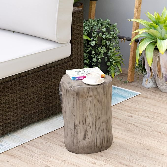 HOMPUS Concrete Outdoor Side TableSet of 2, 2 Piece Tree Stump Modern Round Coffee Table Accent Table Set Plant Stand Faux Wood End Table Garden Stool for Patio,Home Decor, Living Room, Silver Maple