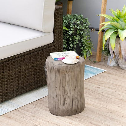 HOMPUS Concrete Outdoor Side TableSet of 2, 2 Piece Tree Stump Modern Round Coffee Table Accent Table Set Plant Stand Faux Wood End Table Garden Stool for Patio,Home Decor, Living Room, Silver Maple