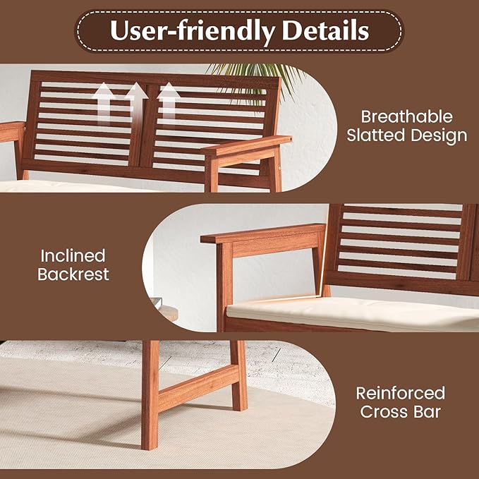 Tangkula Outdoor Bench with Cushion, 2-Person Patio Bench with Slatted Back & Seat, Removable Cushion, Conversation Loveseat Chair for Porch Lawn Garden Backyard Balcony (Off White)