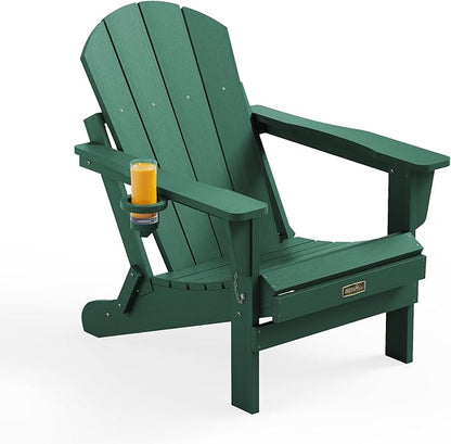 SERWALL Folding Adirondack Chair Outdoor Adirondack Chairs with Cup Holder Weather Resistant Patio Chair with Wood Textured for Patio Deck Garden, Backyard, Fire Pit - Green