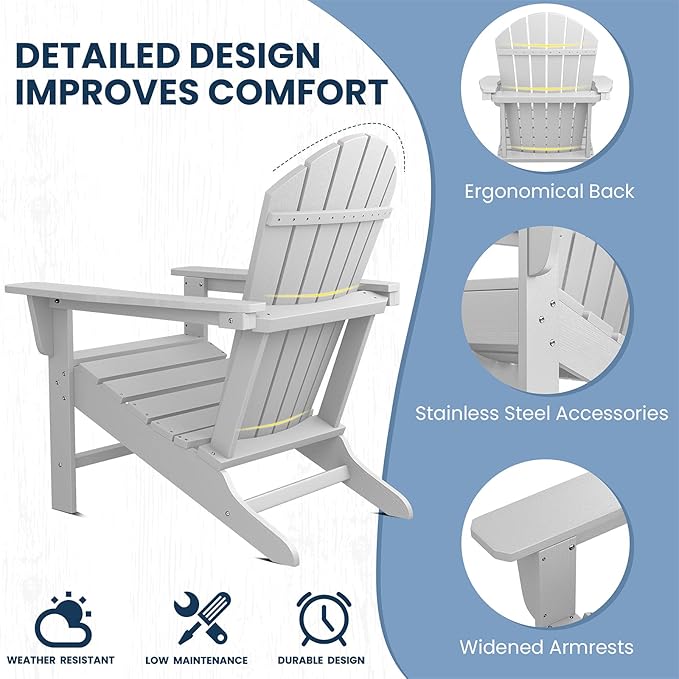 SERWALL Adirondack Chair - Traditional Adirondack Chairs HIPS Outdoor Chairs Weather Resistant- White