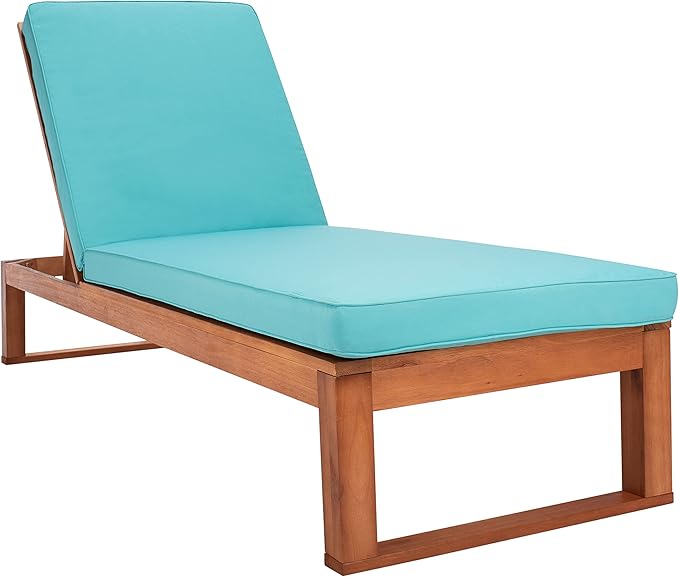 SAFAVIEH Outdoor Collection Solano Natural Brown Solid Wood/Aqua Blue Cushion Patio Adjustable Chaise Lounge Chair - Photo 4