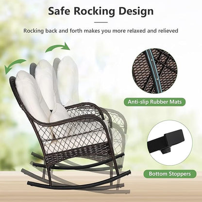 MEDIMALL Outdoor Wicker Rocking Chair, Patio Rattan Rocker w/Lumbar Pillow, Padded Seat & Back Cushions, Metal Frame, Mix Brown Wicker Furniture for Balcony, Porch, Deck, Backyard (Off White)