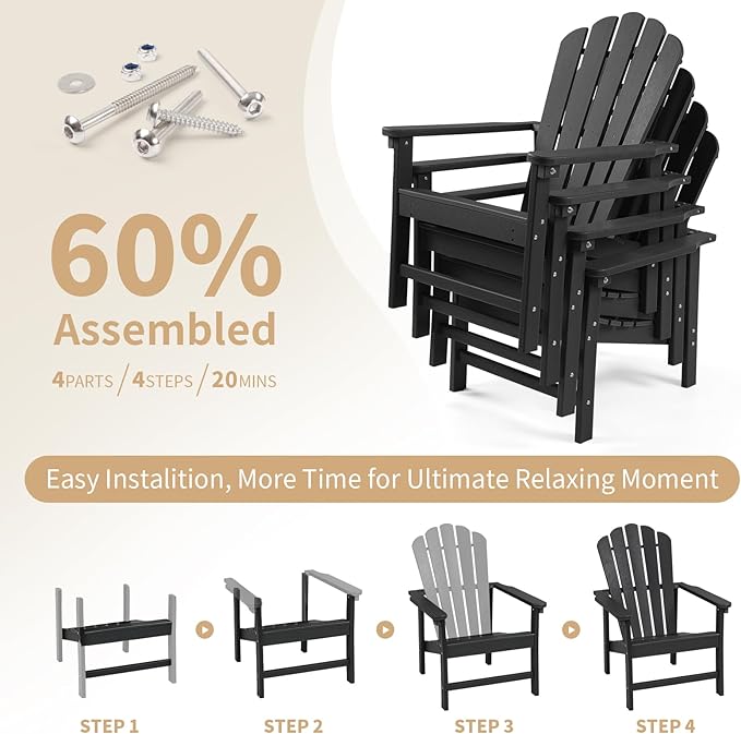 Stackable Adirondack Chairs Set of 4, Space Saving HDPE All-Weather Fire Pit Chair with Cover for Outdoor Lawn Porch Deck