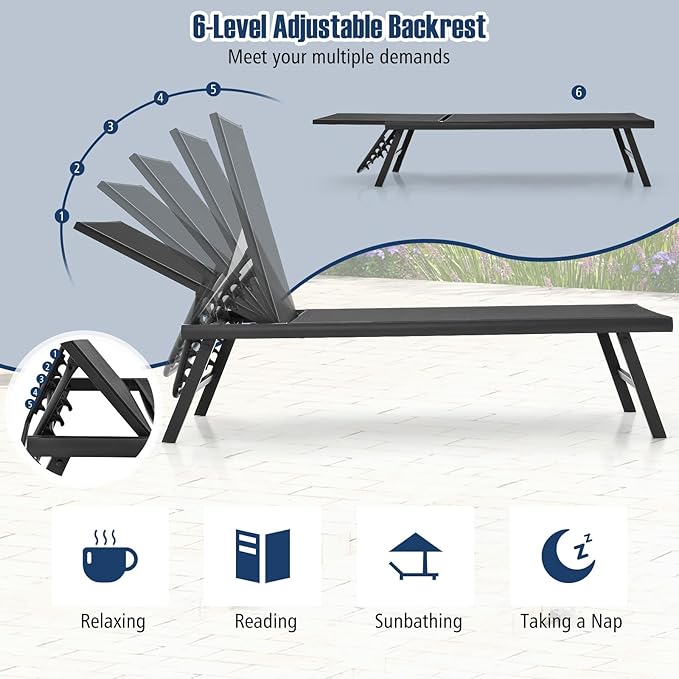 Tangkula 3 Piece Patio Chaise Lounge Set, Aluminum Patio Recliner with Coffee Table, 6-Level Backrest Adjustment - Photo 5